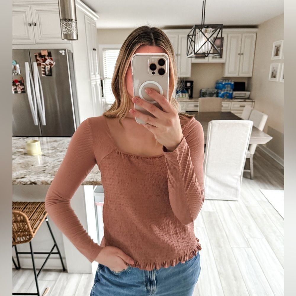 Pink Lily Ribbed Smocked Bodice Square Neck Long Sleeve Top